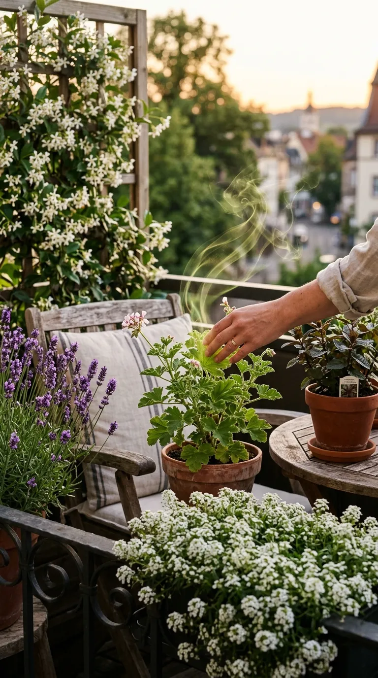 Balcony seating area surrounded by fragrant lavender and jasmine for cozy balcony garden