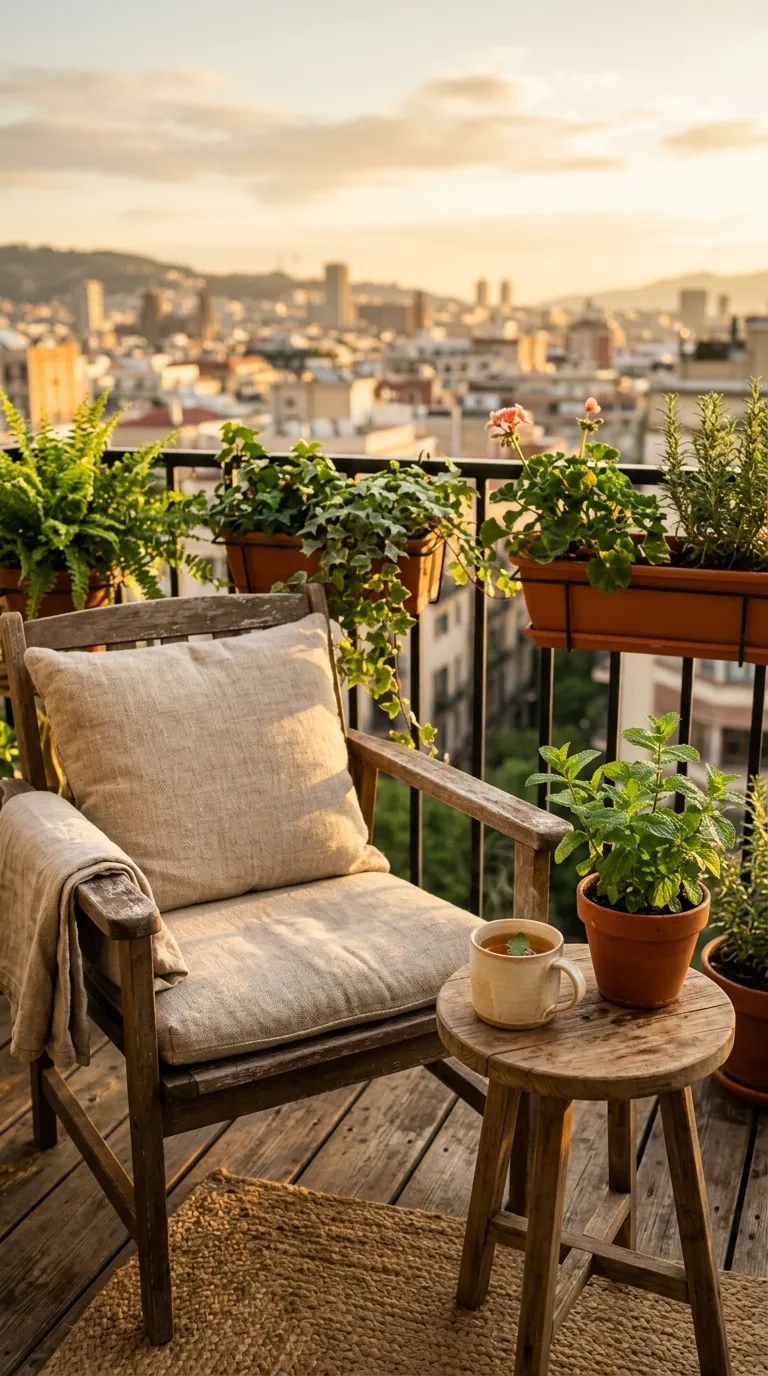 East-facing balcony with chair and mint pot for apartment balcony garden morning ritual