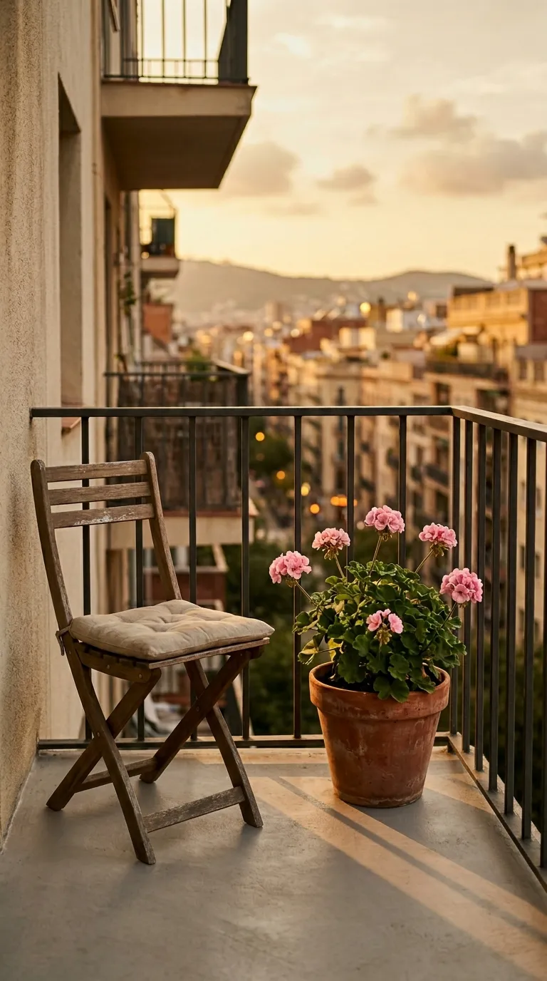 Simple balcony with one geranium pot and one folding chair for small balcony garden