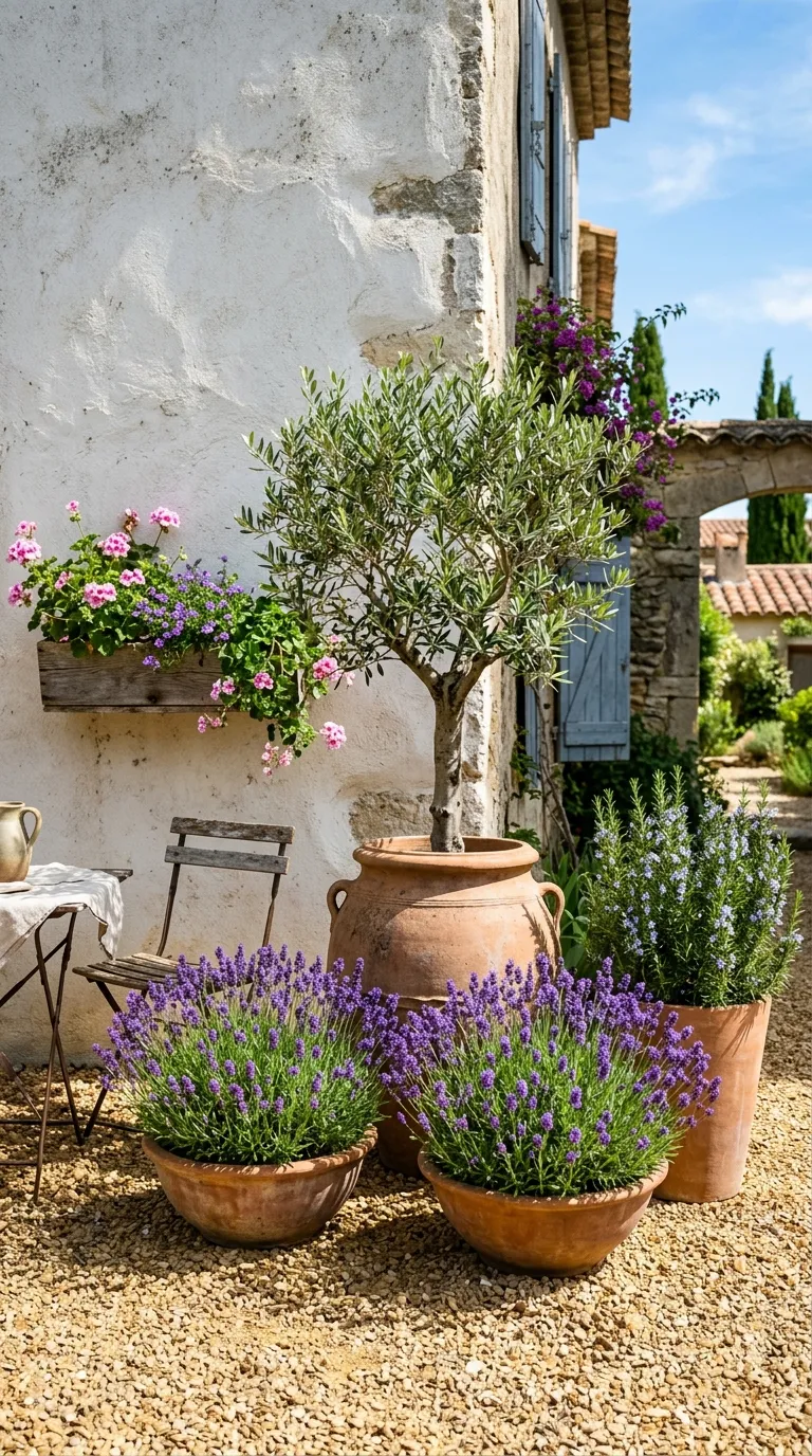 Container garden design with dramatic height variation among potted plants