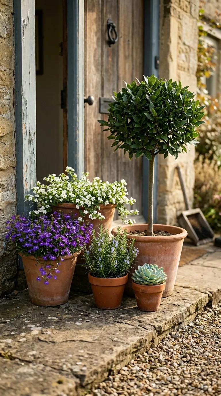 Container herb garden in a large terracotta pot with potted plants near kitchen door