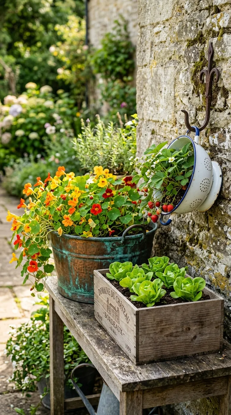 Mediterranean container garden with olive tree and potted plants on sunny patio