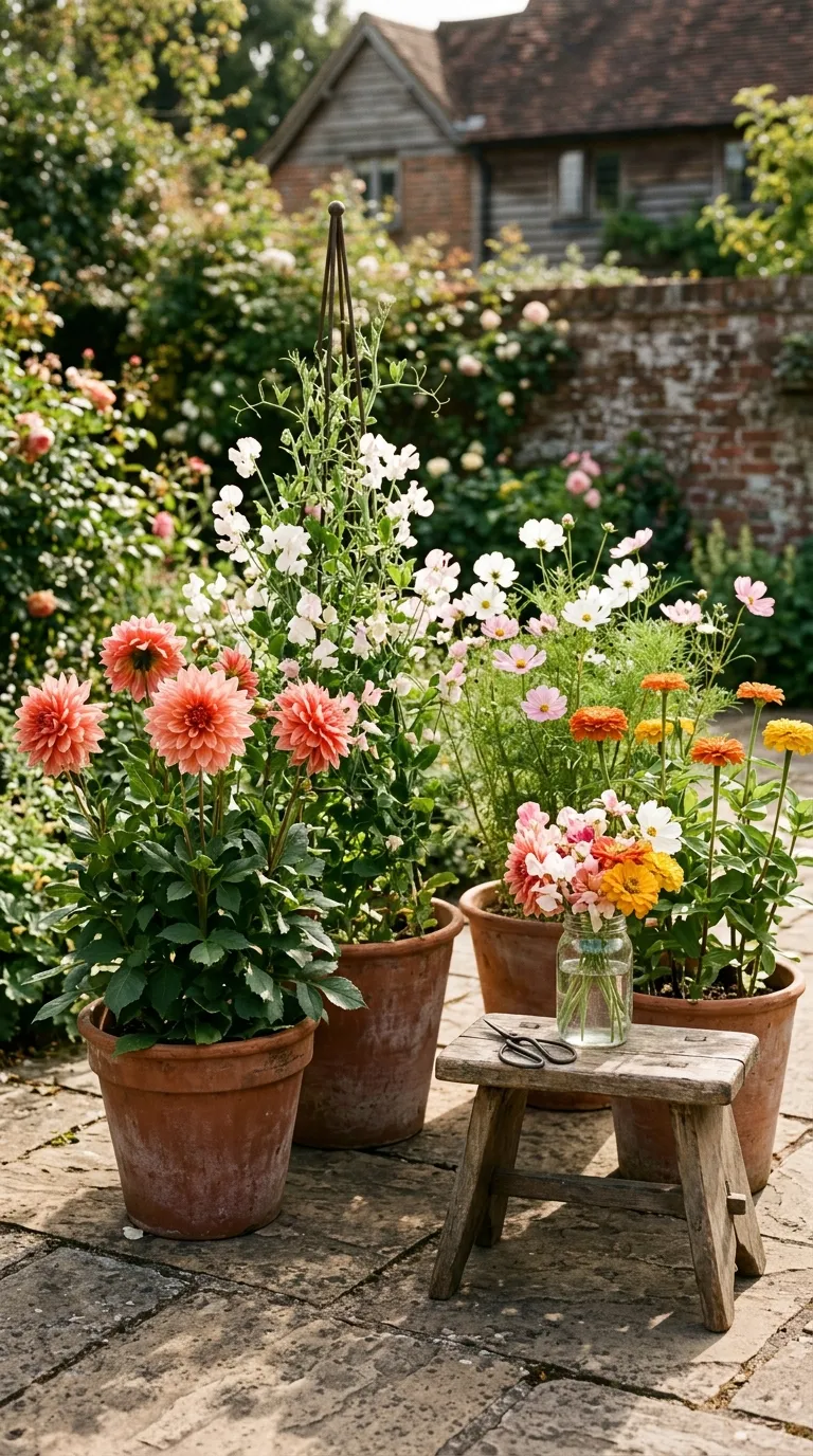 Container vegetable garden with cherry tomato plant in a deep terracotta pot