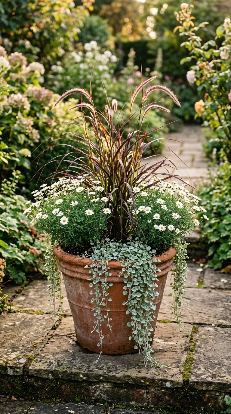 Container herb garden with five terracotta pots and potted plants outside kitchen door