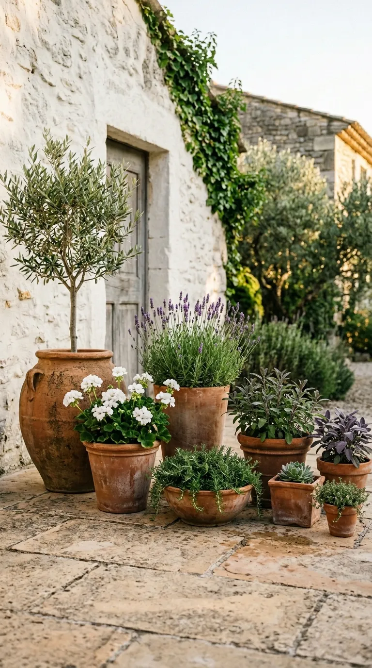 Container garden pathway lined with lavender pots for a pot garden display