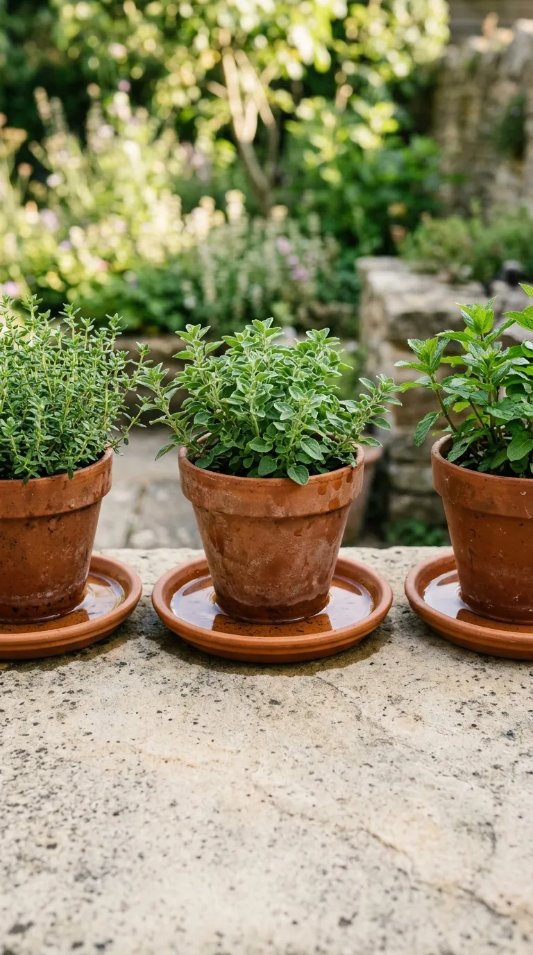 Three-tier shelf displaying potted plants for large container gardening ideas