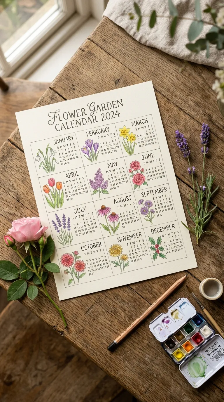 Flower garden calendar on a wooden table showing seasonal bloom planning for spring summer and fall
