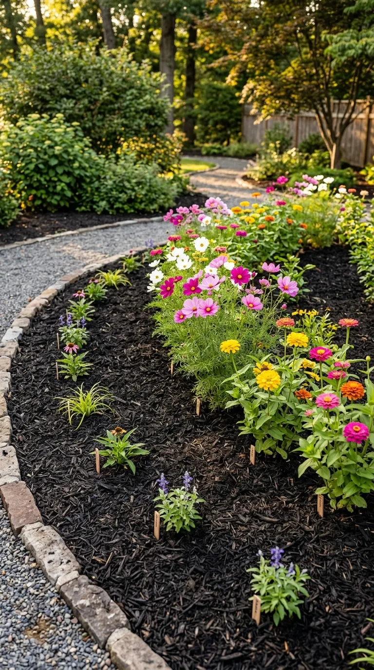 Bright zinnias and cosmos in a freshly planted annual flower garden border