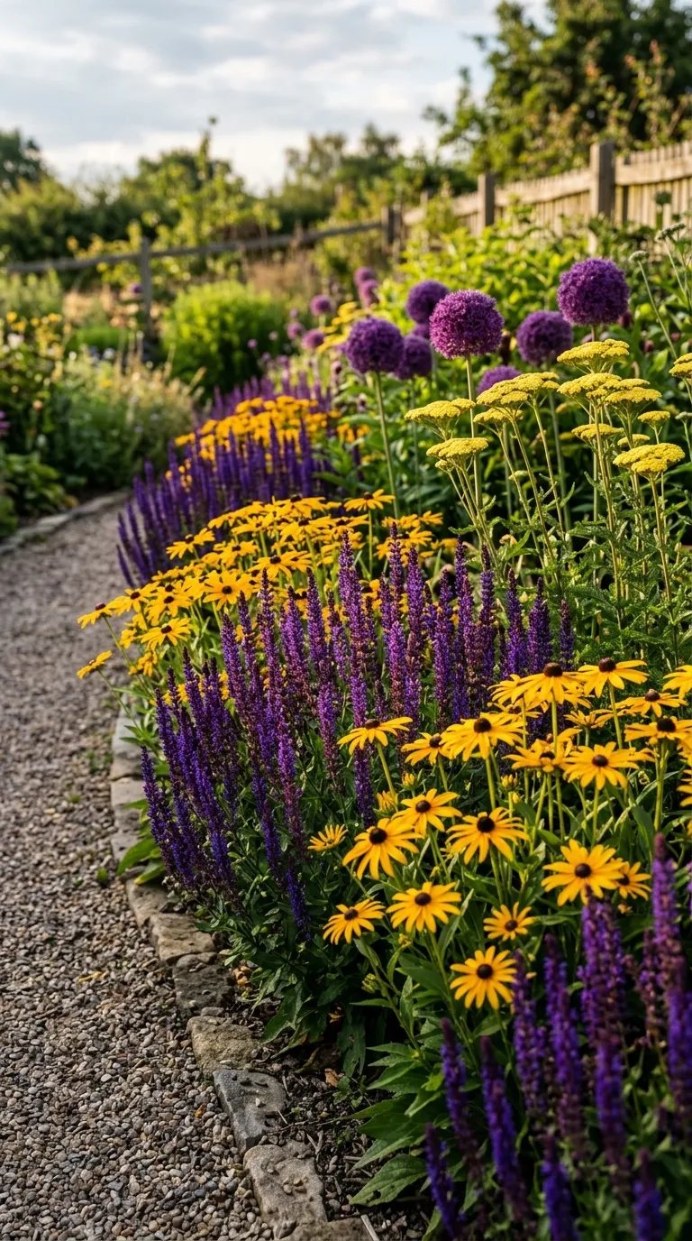 Mass-planted drifts of lavender and coneflowers for flower garden ideas