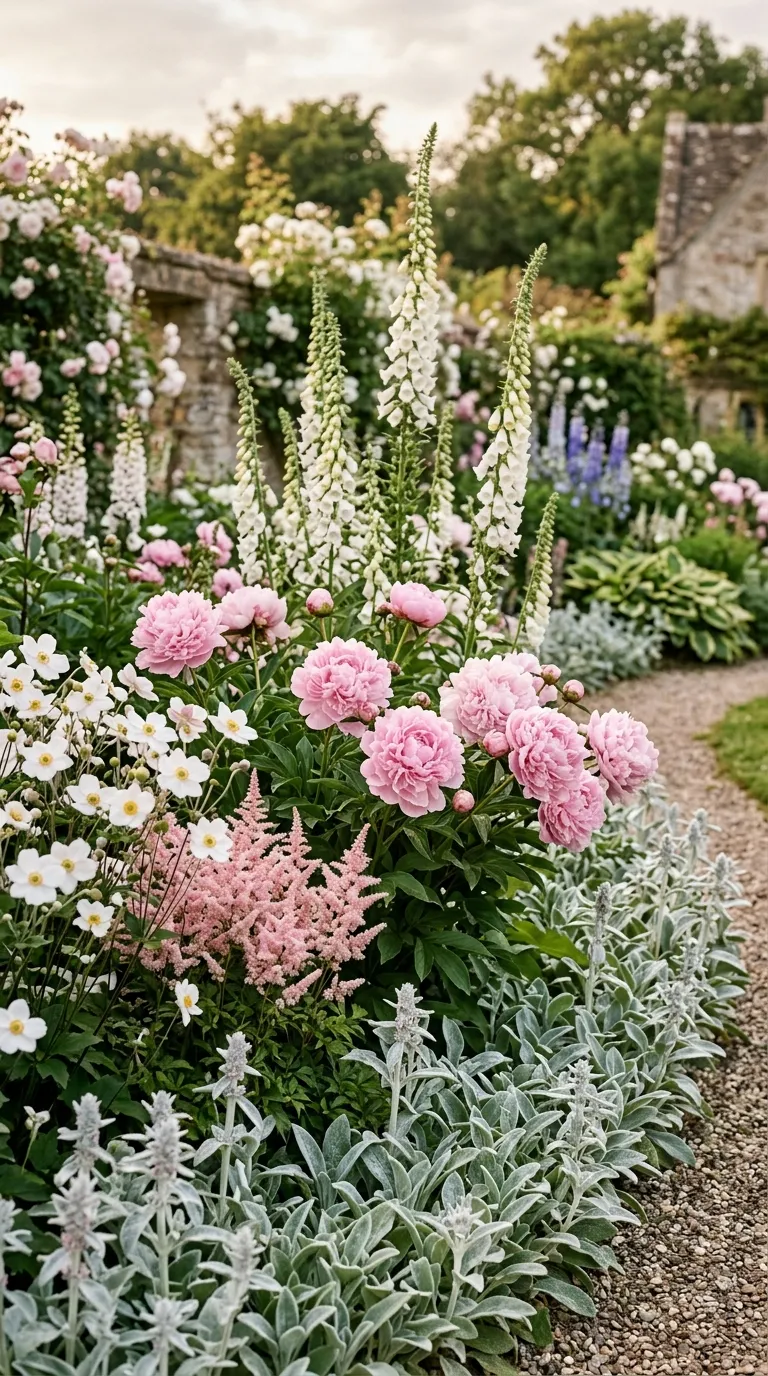 Tall purple dahlias as the focal point in a mixed perennial garden design