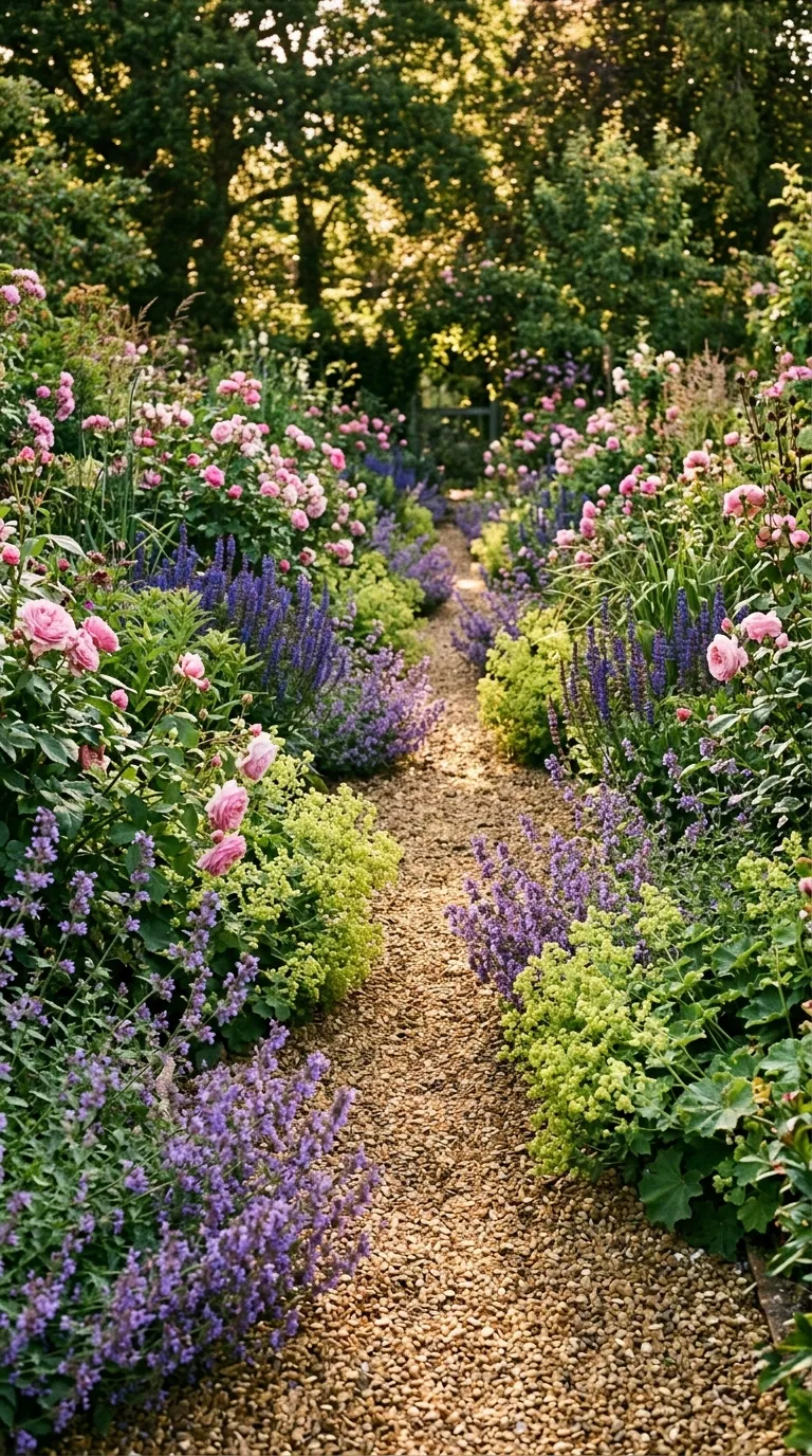 Repeated catmint and echinacea flowing across multiple flower garden beds
