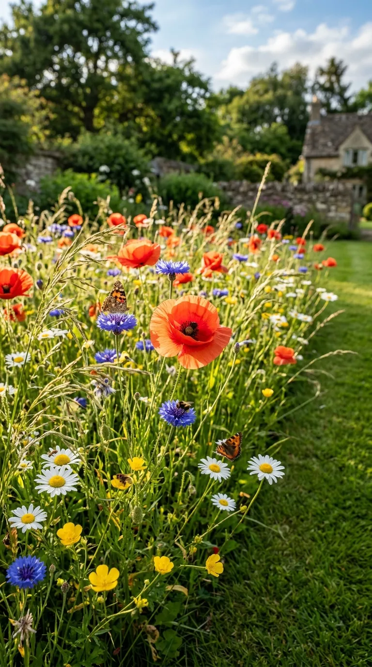 Ornamental grasses and boxwood anchoring a mixed flower garden border