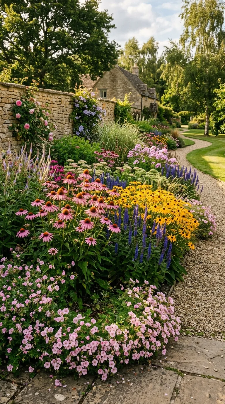 Mass-planted zinnias and cosmos filling gaps between established perennials