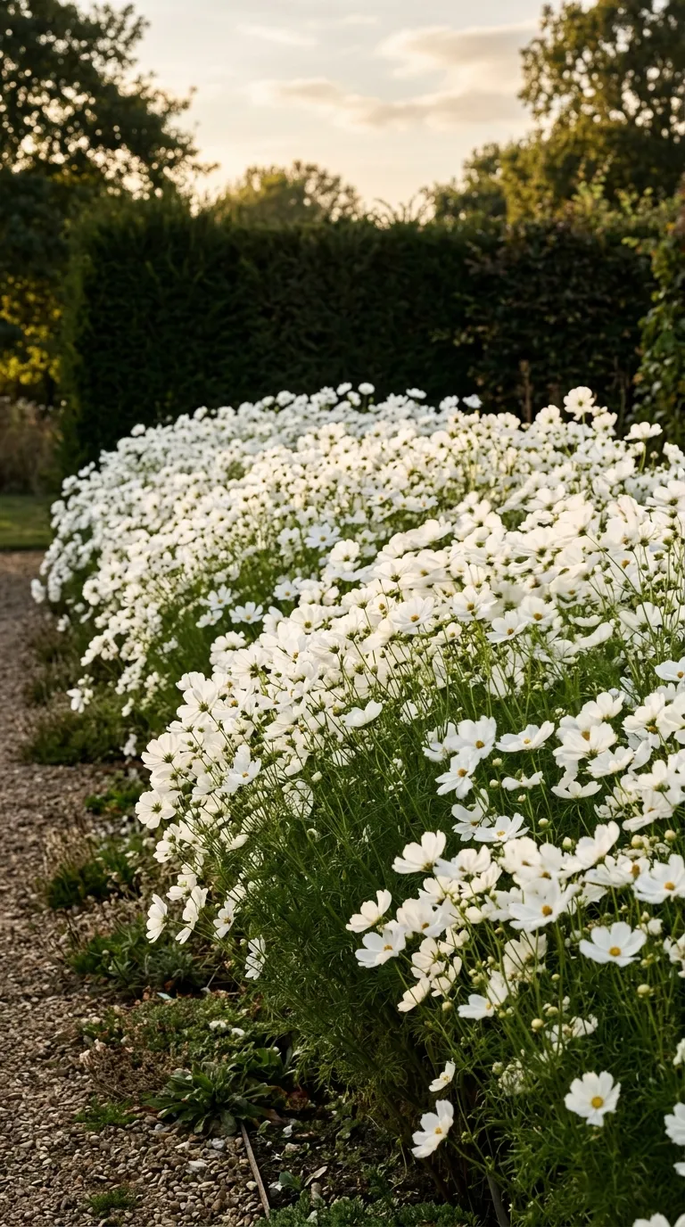 White cosmos and moonflowers glowing in a moonlit flower garden at dusk