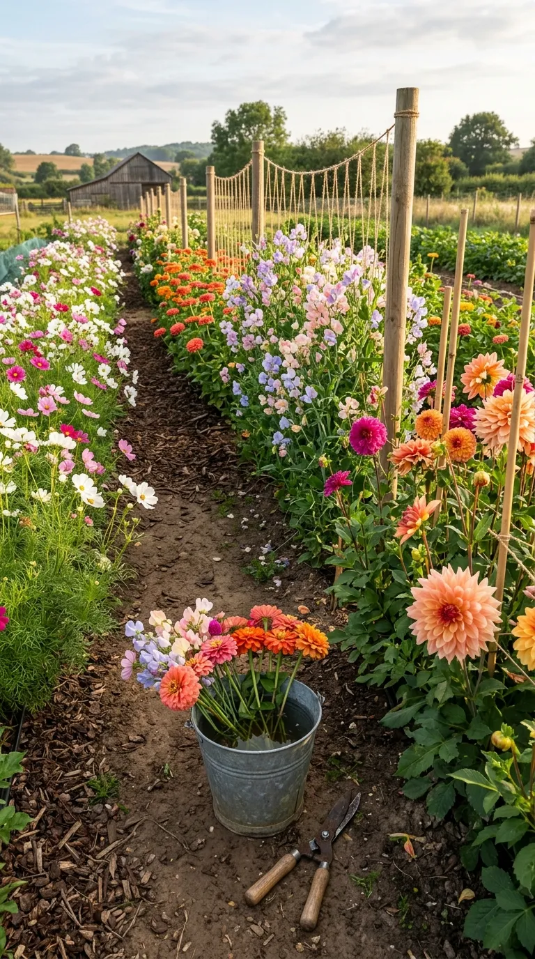 Fresh mulch applied around emerging perennials in a spring flower garden bed