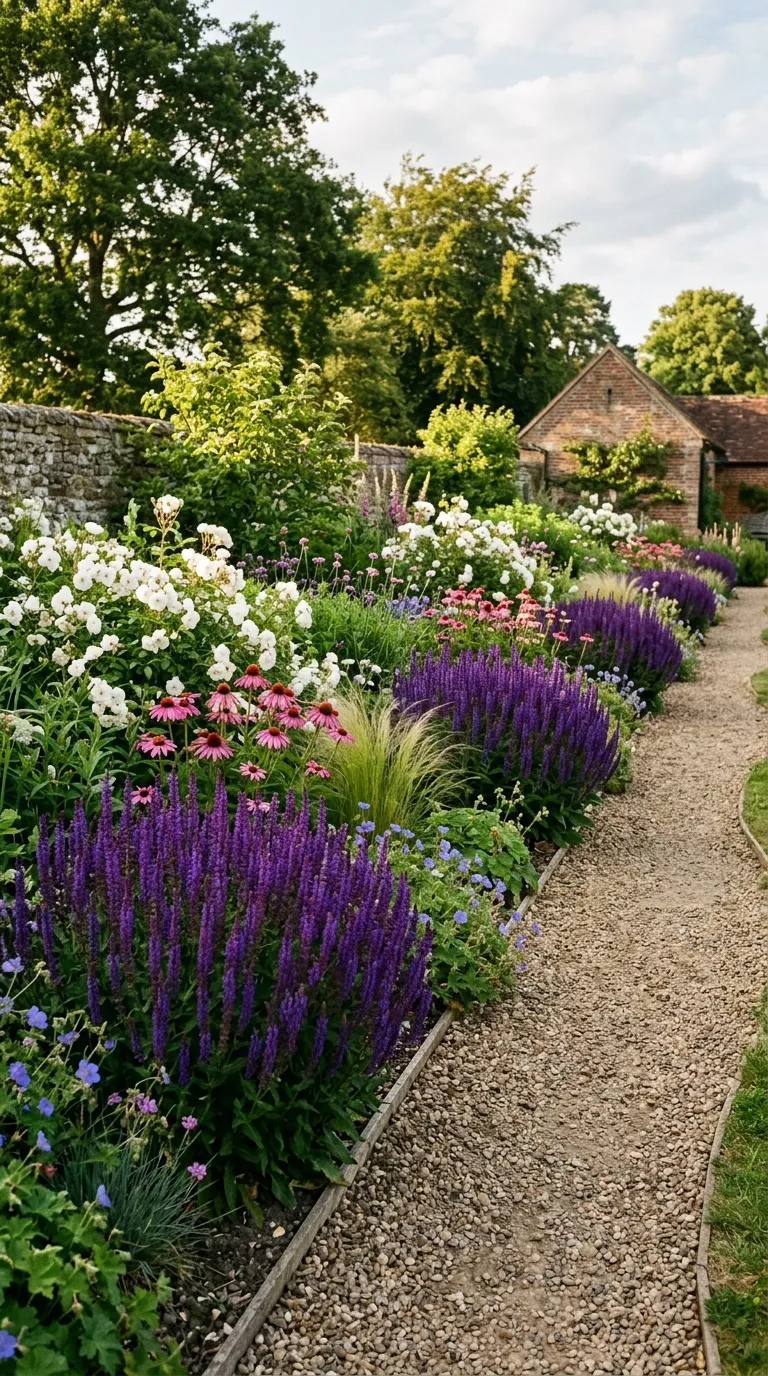 Climbing roses and clematis trained up a wooden wall for flower garden ideas