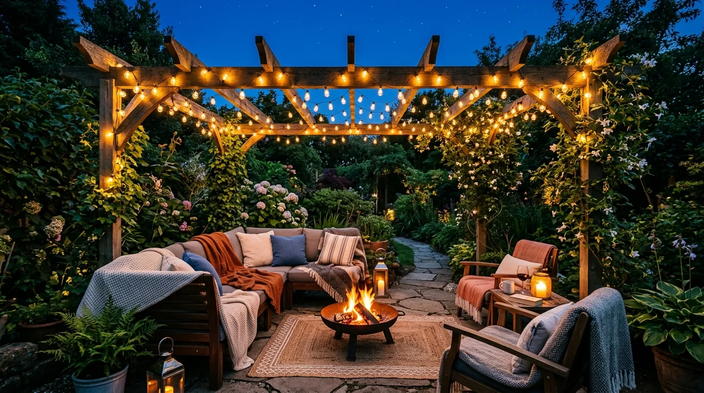 Garden at twilight with string lights, stone path, and warm lantern glow on wooden seating
