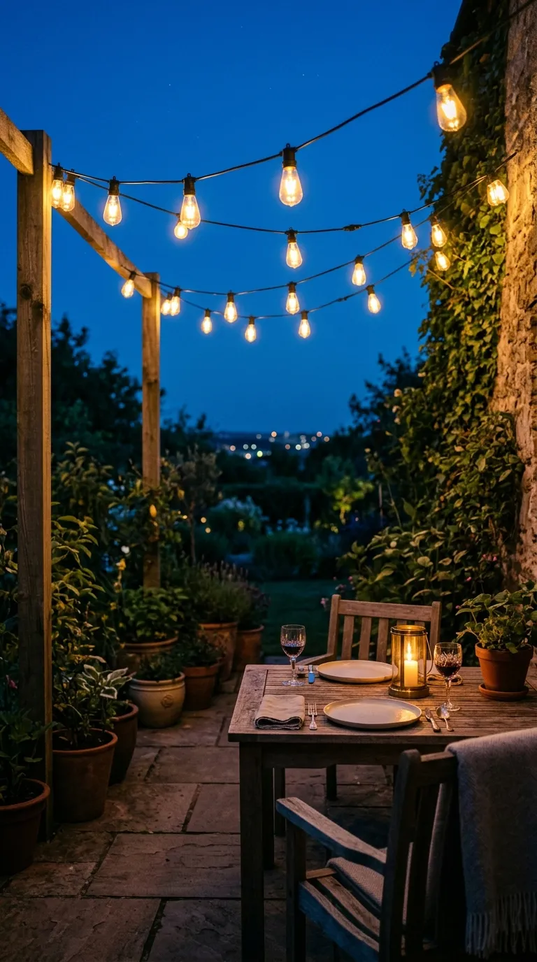 Warm string lights illuminating cozy patio decor with wooden table and potted plants