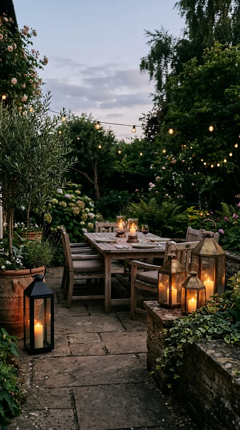 Aged brass lanterns clustered on patio creating cozy garden decor ambiance