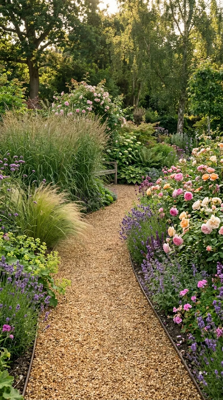 Curved gravel path with flowers showcasing beautiful garden path ideas