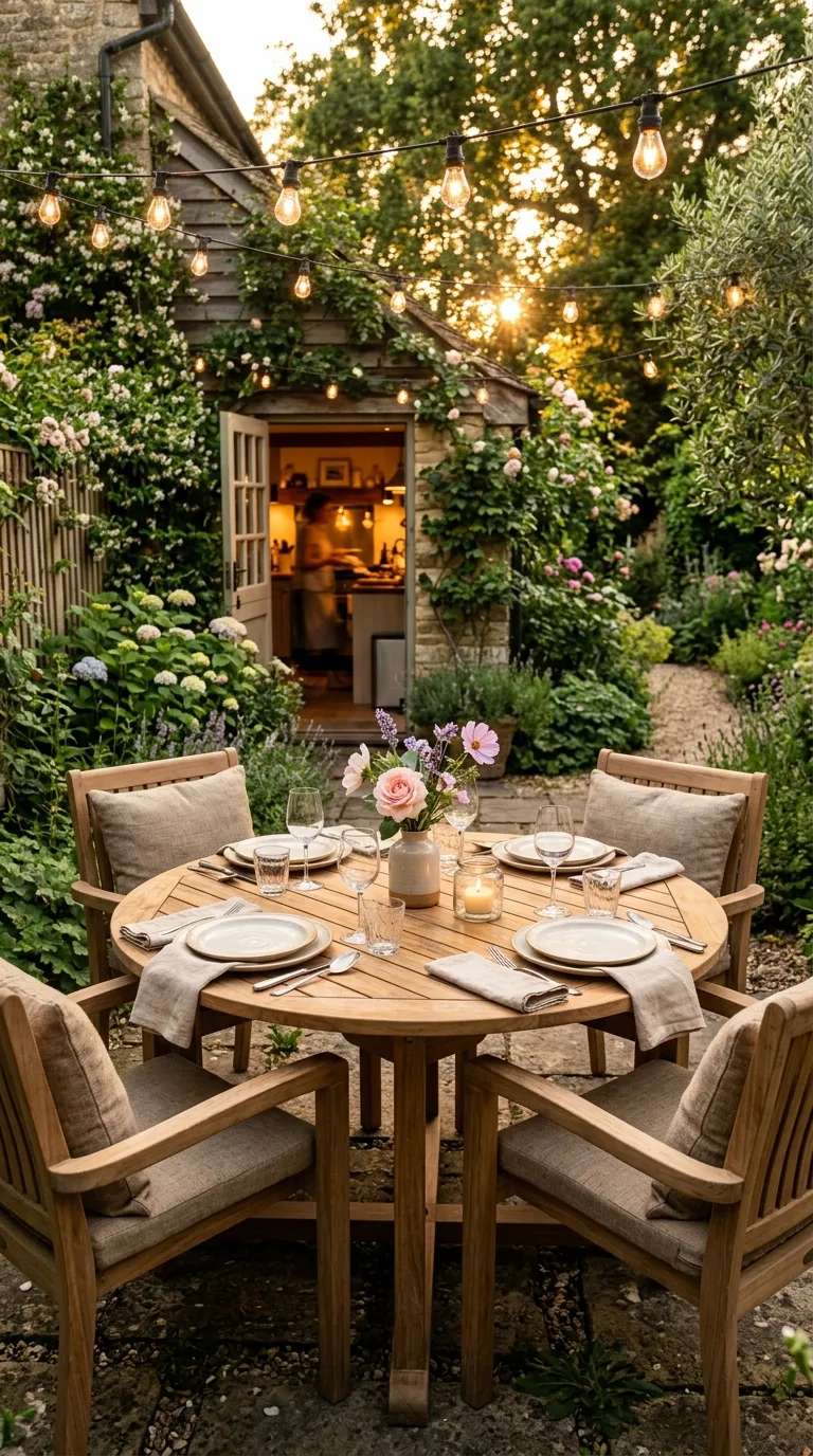 Outdoor dining table under string lights perfect for patio decor ideas