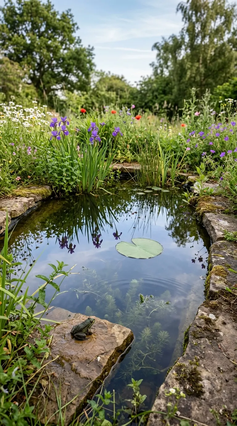 Small wildlife pond reflecting sky as a beautiful garden decoration feature