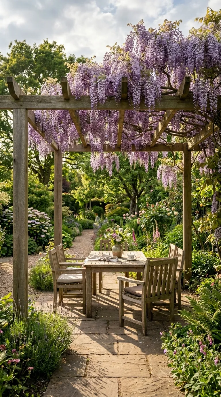 Mature pergola with wisteria blooms creating a stunning garden feature idea