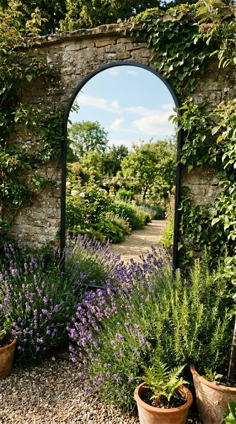 Arched garden mirror creating depth illusion behind lavender outdoor decor