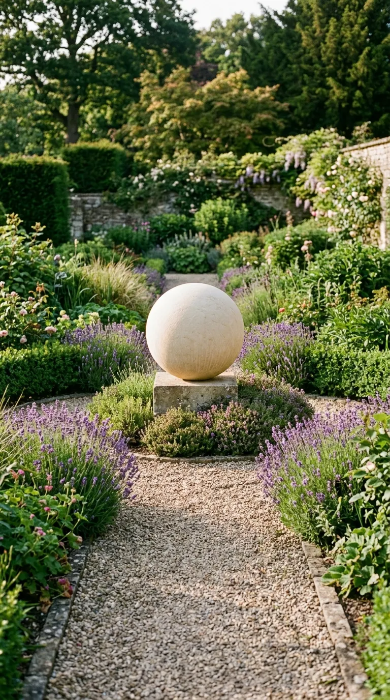 Limestone sphere on stone plinth as an elegant garden decoration focal point