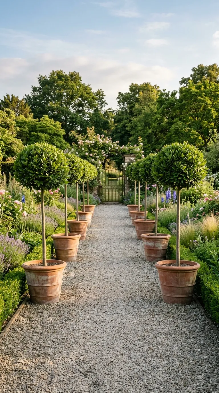 Identical terracotta pots with bay trees creating rhythm in garden decor