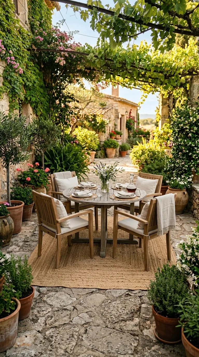 Outdoor rug defining seating area on stone patio for cozy garden decor