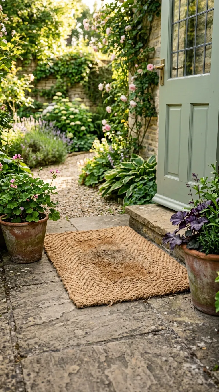 Coir doormat with terracotta pots at garden threshold for welcoming decor