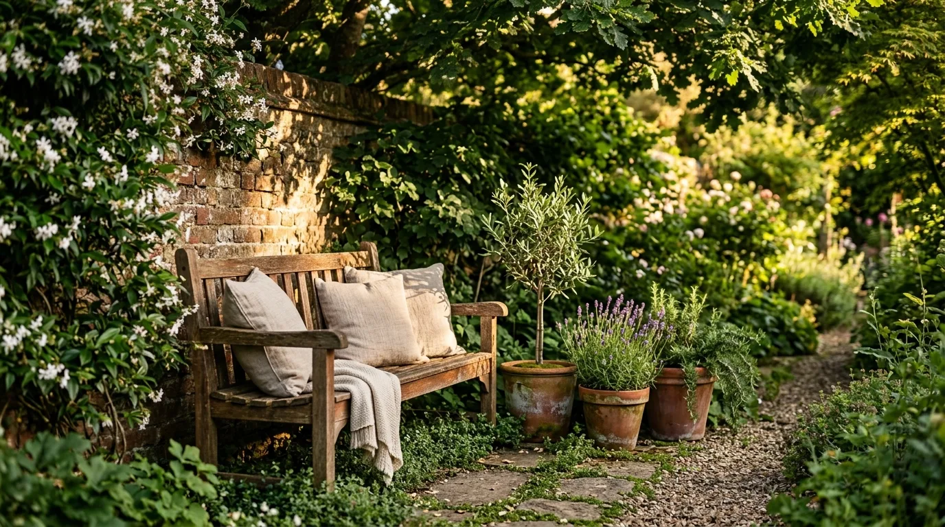 Cozy garden corner at golden hour with a wooden bench, terracotta pots of lavender, and climbing jasmine on a brick wall