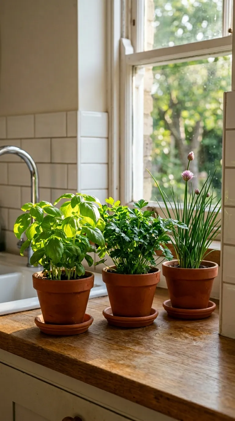 Three small terracotta pots on a sunny kitchen windowsill for a kitchen herb garden