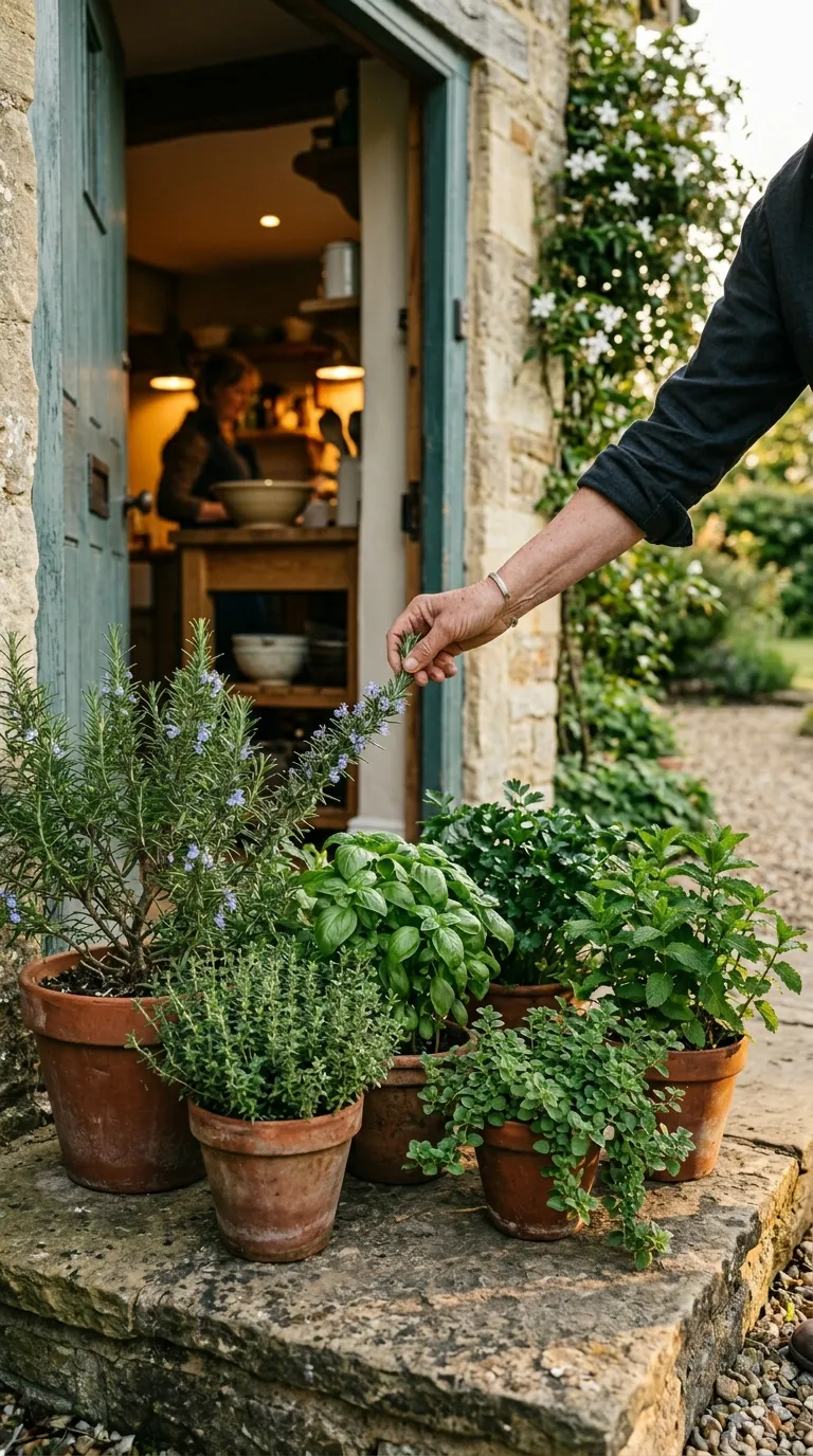 Six terracotta pots clustered on a stone step outside an open kitchen door
