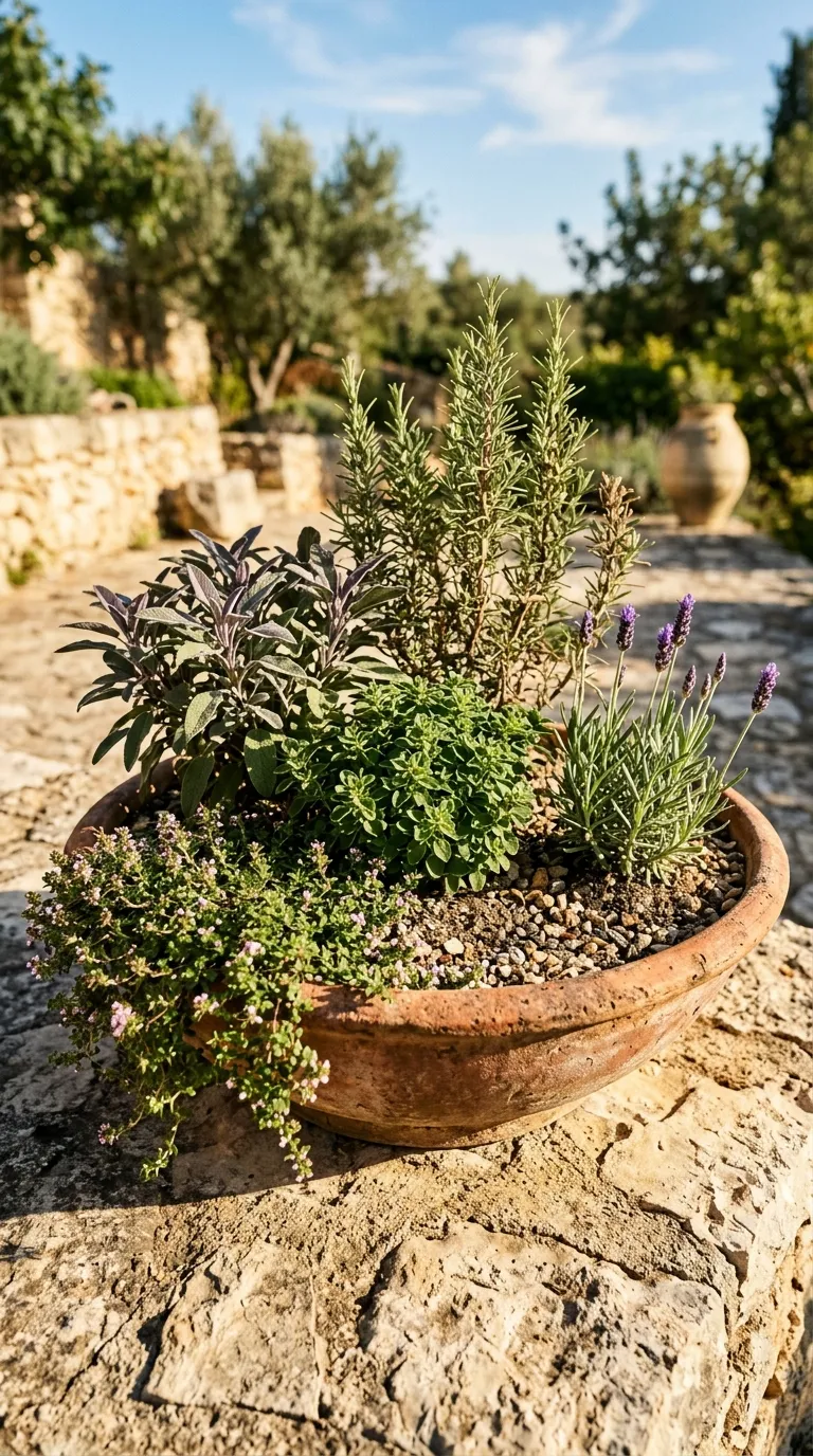 Small dedicated herb bed with timber sleepers densely planted for growing herbs