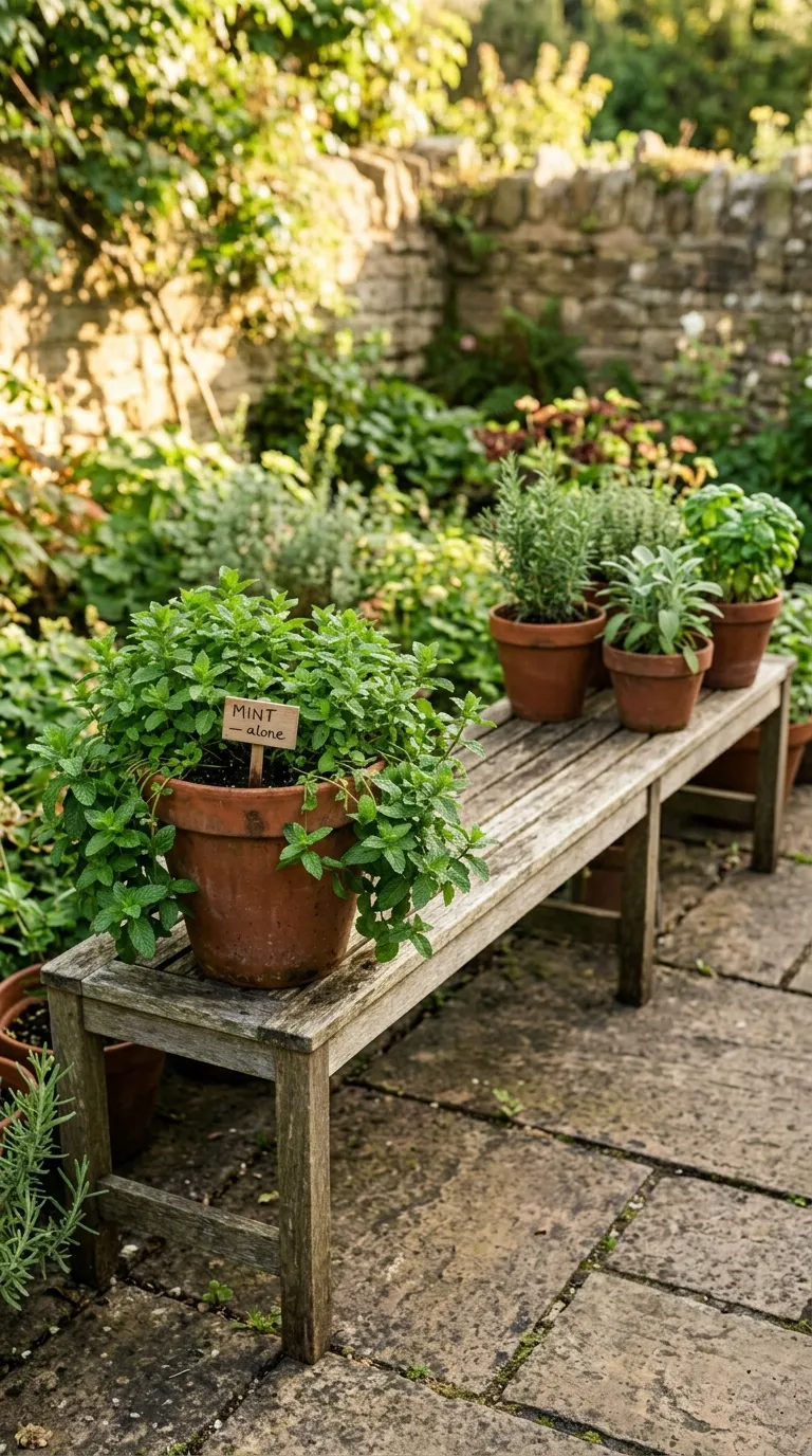 Raised wooden herb table at standing height with densely planted herbs