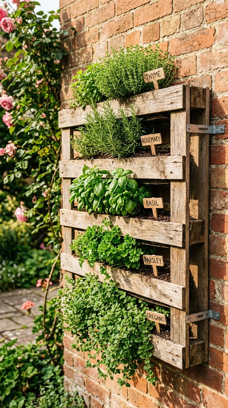 Three-tiered wooden herb stand on a sunny patio for herb garden design