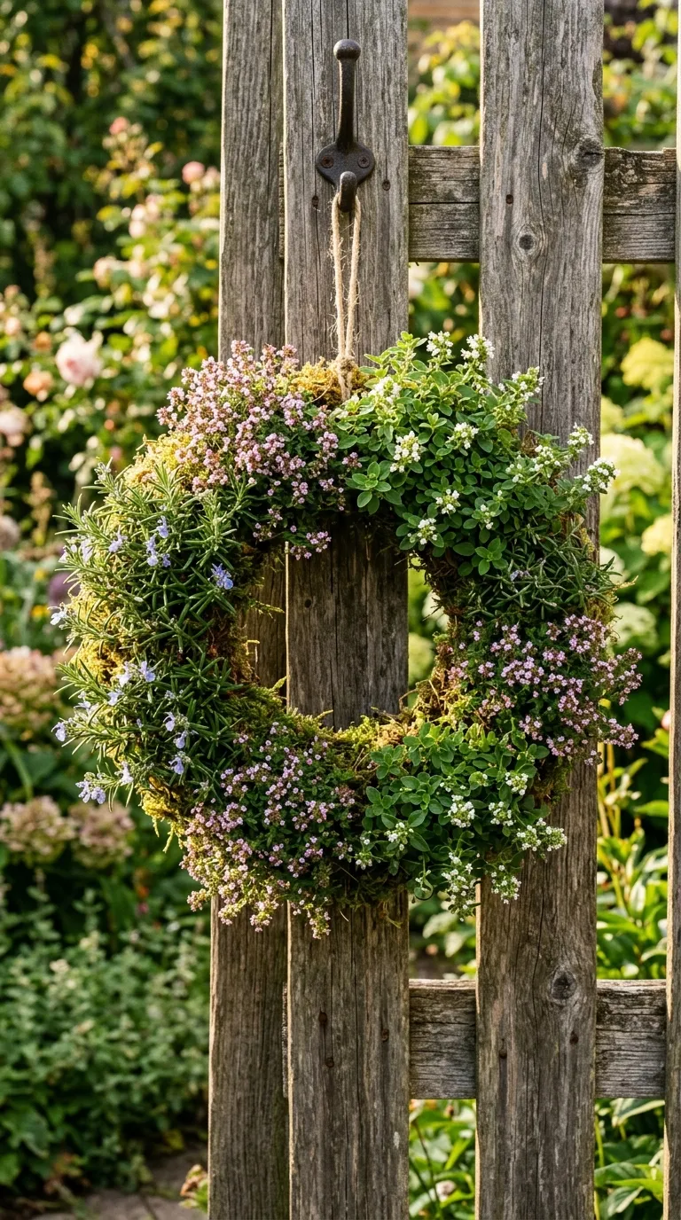Wide shallow terracotta bowl planted with Mediterranean herbs in full sun
