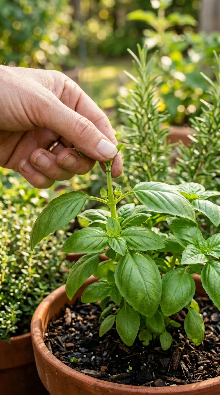 Deep terracotta pot with vigorous mint plant for herb garden in pots