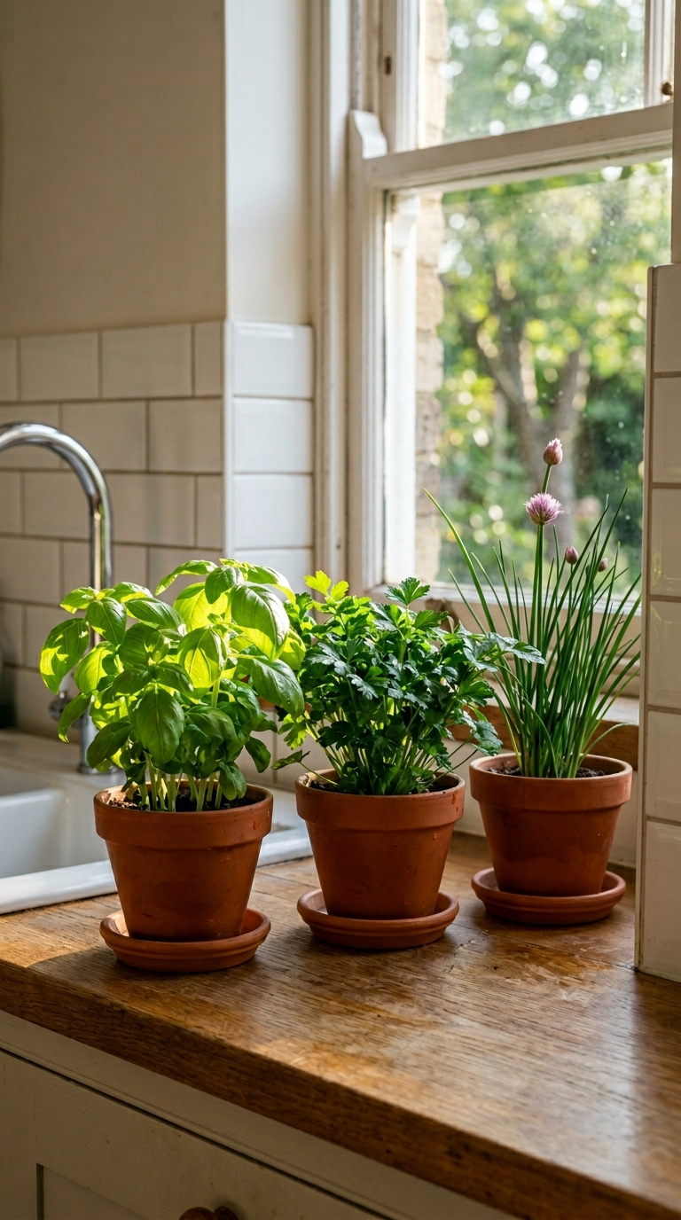 Three small terracotta pots on a sunny kitchen windowsill with basil, parsley, and chives