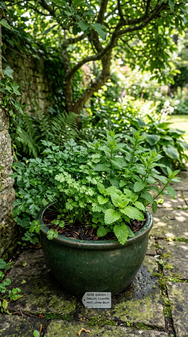 Single large terracotta pot planted as a complete mixed herb garden