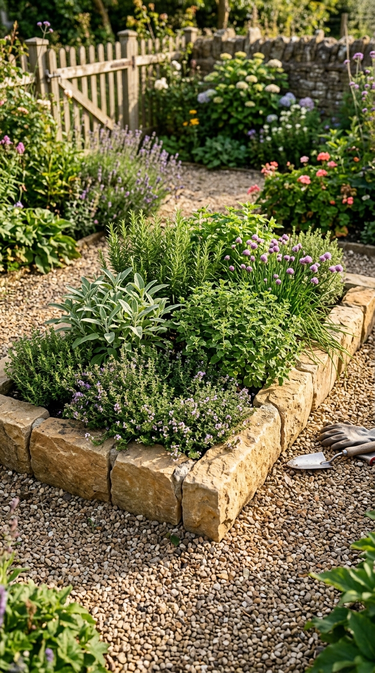 Wooden pallet mounted vertically against a brick wall with herbs in each slat pocket
