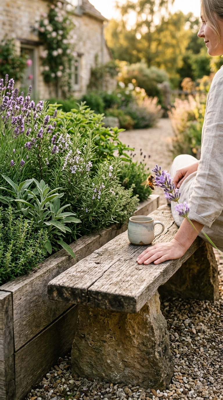 Rustic three-step wooden ladder leaning against a wall with herb pots on each step