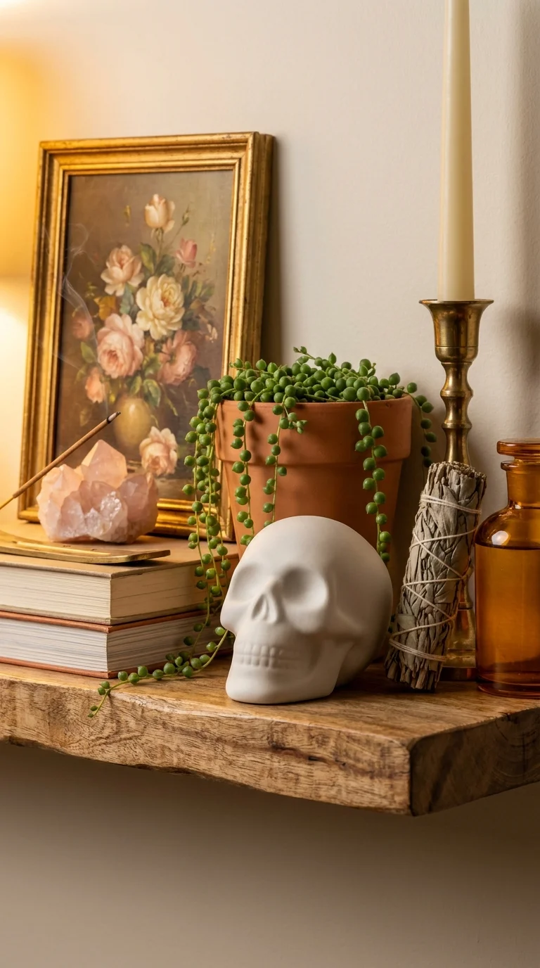 A bohemian mango-wood shelf styled like an altar with a rose quartz crystal, books, a brass incense holder, a trailing plant, and candles