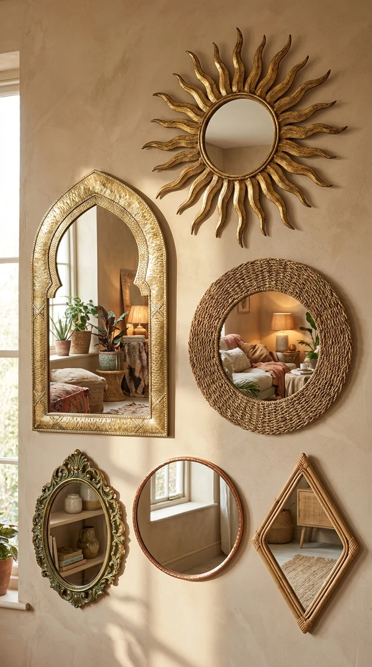 A gallery of six bohemian mirrors in different shapes — sunburst, Moroccan arch, seagrass round, ornate brass — on a warm plaster wall