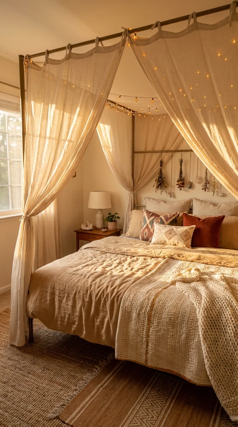 A bohemian bed with a brass canopy frame draped in sheer muslin and warm fairy lights, layered with linen, a kantha quilt, and embroidered cushions