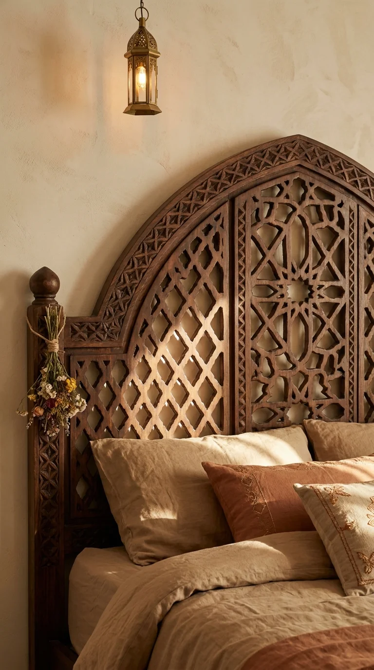 A carved Moroccan walnut headboard with arched Moorish lattice, a brass lantern casting geometric shadows over layered linen bedding
