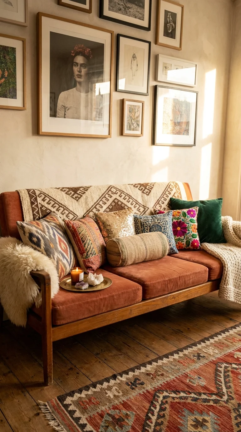 A low vintage teak sofa in terracotta velvet dressed with global cushions, a Moroccan blanket, a sheepskin, and a knit throw