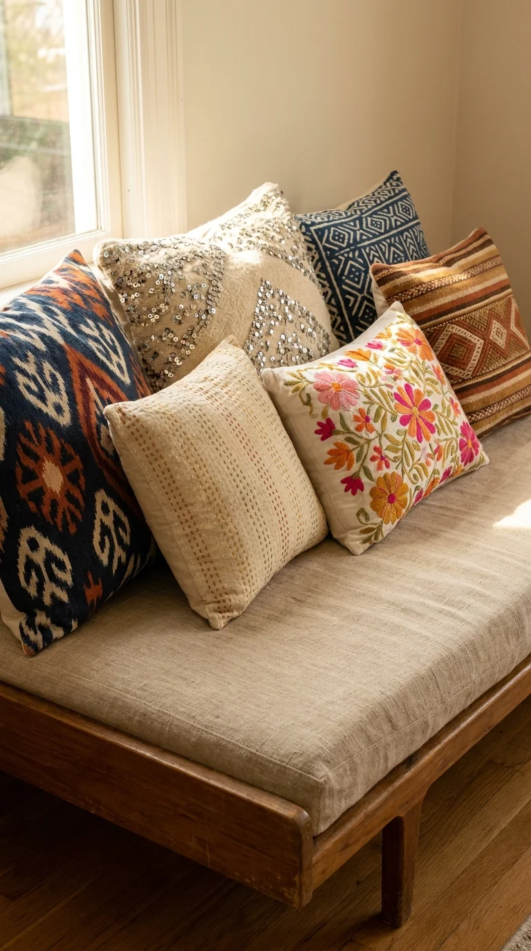 Six hand-embroidered cushions from global textile traditions — ikat, kantha, Moroccan sequin, block-print, Mexican, Peruvian — on a teak daybed